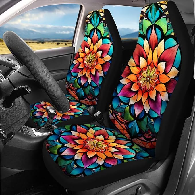 Mandala Lotus Car Seat Covers Full Sets 18 Pieces Hippie Print Car Interior Accessories Sets Car Headrest Covers Seatbelt Covers Steering Wheel Wrap Car Trash Can Universal Fit Most Vehicle