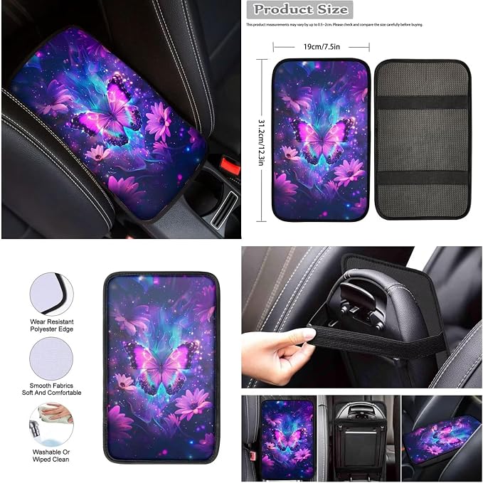 Howilath Purple Butterfly Flower Front Car Seat Covers Set of 10 Seat Protector with Steering Wheel Cover/Seatbelt Pads/Keychain/Armrest Cushion/Coasters Fit Sedan Truck Van