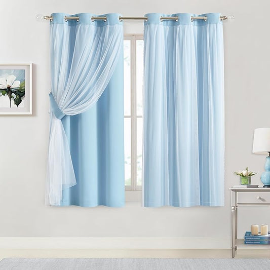 Bujasso Sky Blue 80% Blackout Curtains with Sheer Overlay Mix and Match Double Layer Thermal Insulated Window Panels 63 inch for Living Room Bedroom Blue Drapes with Tiebacks Grommet Top 37" Wx63 Lx2
