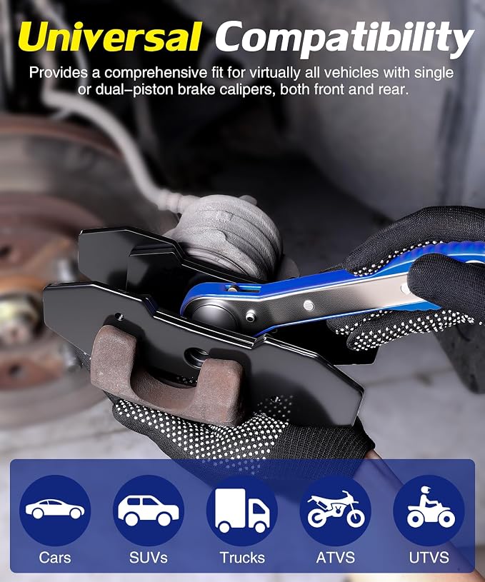 Brake Caliper Compression Tool,360° Swing Ratchet Switch With Additional 2 pcs Large Steel Plate and 2 Hooks&Nylon Grip Work Gloves for Single/Twin/Quad Piston,Disc Brake Repair/Car,Truck,SUV(Blue)