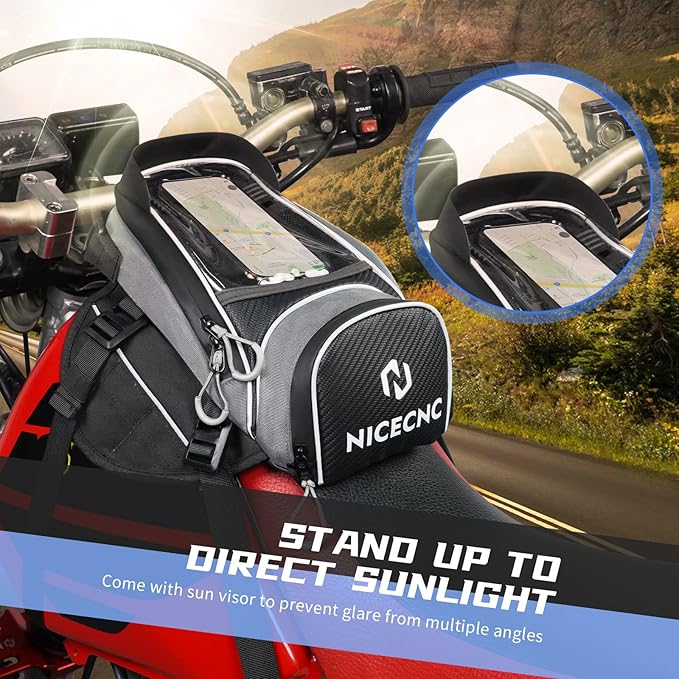 NICECNC Motorcycle Gas Tank Bag Magnetic, 6 Magnets & 5 Straps Reinforced, Detachable Anti-Slip Base Portable, Dirt Bike Tank Bag Storage Bag Muti-Functions for Men Women Cycling Hiking Camping