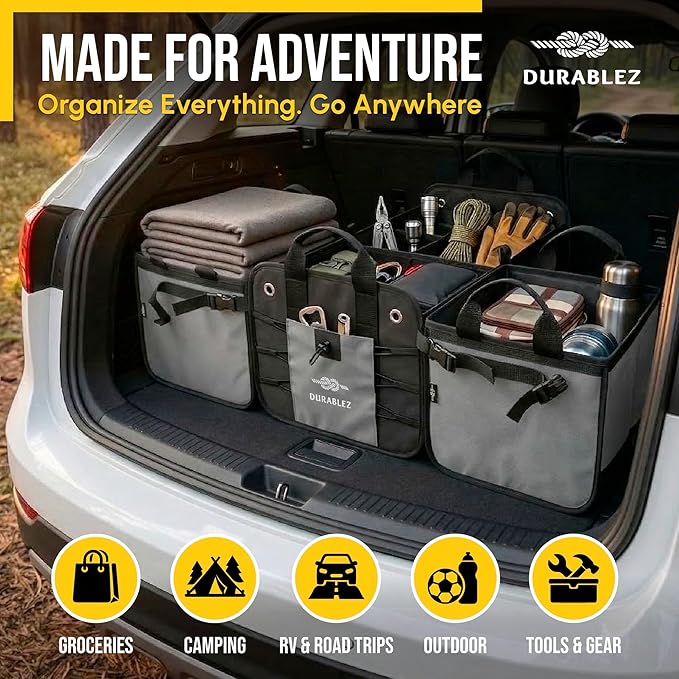 Modular 5-Section Trunk Organizer XL – Car Storage for Groceries, Tools, Sports Gear, Emergency Kits – Extra Large Multi-Module Cargo Box, Foldable, Detachable, Heavy Duty Design – Gray
