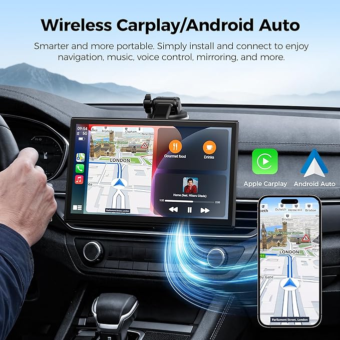 Topexplore 7" Wireless Apple CarPlay and Android Auto Screen with Magnetic Mount, Portrait/Landscape Switch, Portable Car Stereo with Bluetooth, Mirror Link, GPS, OTA Update