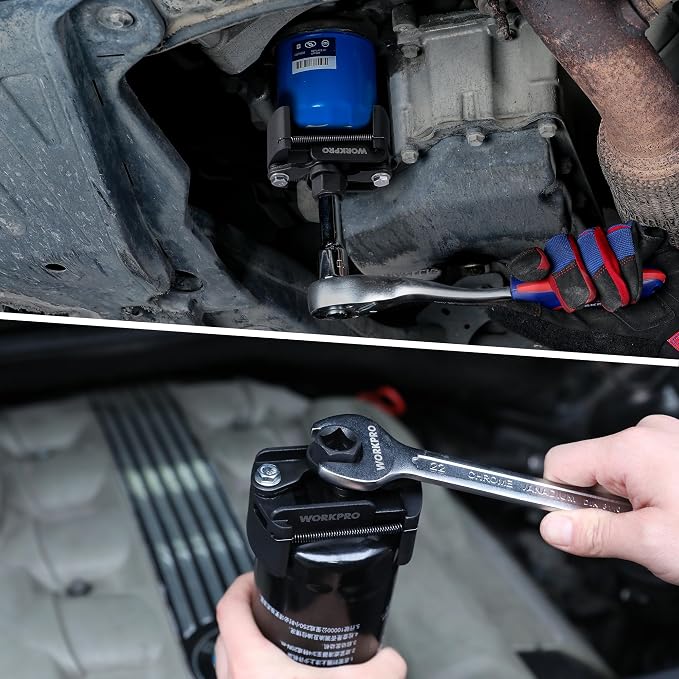WORKPRO Universal Oil Filter Wrench (2-3/8 to 3-1/8") Adjustable with Auto-Clamp Spring, Oil Filter Removal Tool, Oil Filter Change Set, Ideal for Engine Filters, Conduit, & Fittings