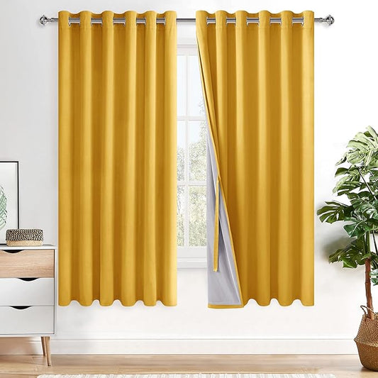 XWZO Total Blackout Window Curtains - Large Thermal Insulated & Noise Reduction Black Liner Ring Top Window Treatment Sewn with Tiebacks for Bedroom/Living Room, Yellow, W70 x L63, Set of 2
