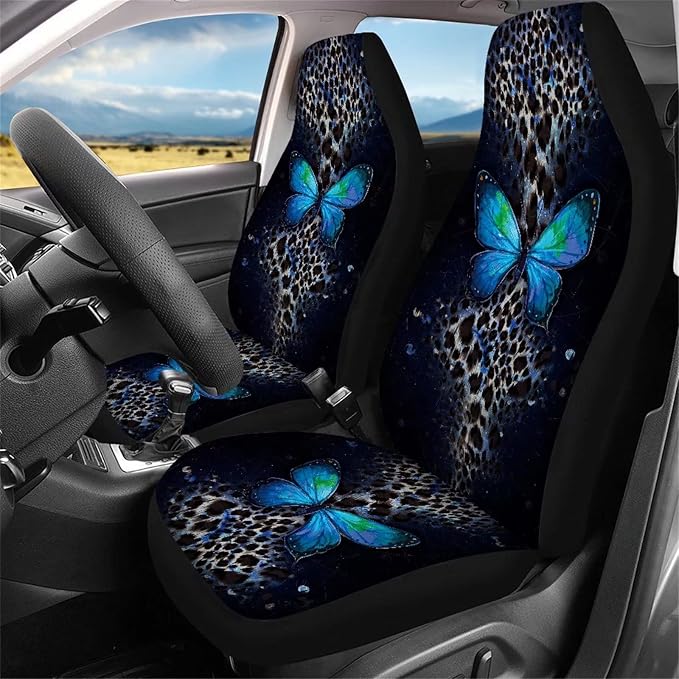 Xoenoiee 11 Pieces Car Seat Covers Interior Accessories Set for Women Universal Fit with Steering Wheel Cover, Seat Belt Pads, Cup Coasters, Keychain - Leopard & Butterfly Pattern