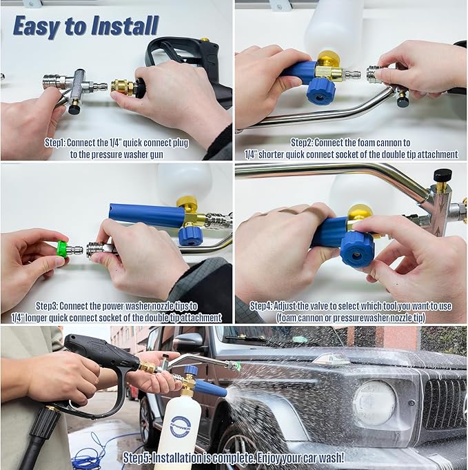 Foam Cannon Dual Connector for Pressure Washer, Double Tip Attachment for Soap Cannon, Pressure Washer Gun and 7 Power Washer Sprayer Nozzles Tips for Car Wash Kit