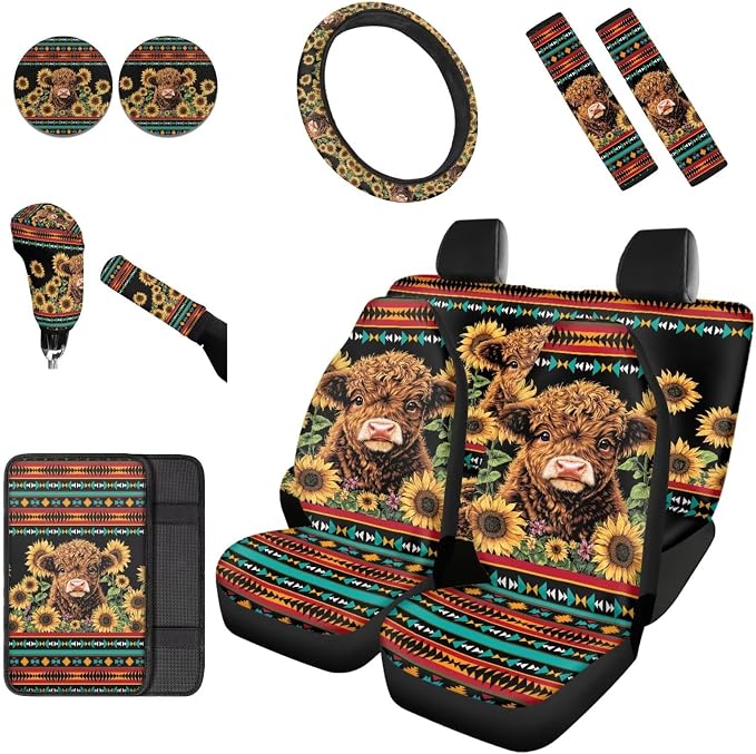 Dreaweet Car Seat Covers Full Set with Steering Wheel Cover/Armrest Cover/Seatbelt Covers/Cup Coasters/Gear Shift Cover/Handbrake Cover,12 Pcs Aztec Highland Cow Sunflower Car Accessories Deocr