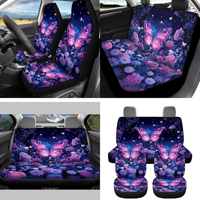 Purple Rose Butterfly 15Pcs Car Seat Cover Full Set Car Steering Wheel Cover Seat Belt Cover Trash Bin Front Rear View Mirror Car Cup Holder Keychain