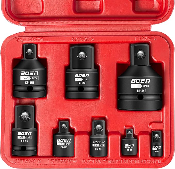 BOEN Pro 51PCS 3/8" Drive Impact Socket Set, 43-Piece SAE(5/16"-3/4") & Metric(8-19mm) set, 6-Point Deep & Shallow Kit, 1/4" 3/8" 1/2" 3/4" Drive Socket Adapter Set with Durable Case