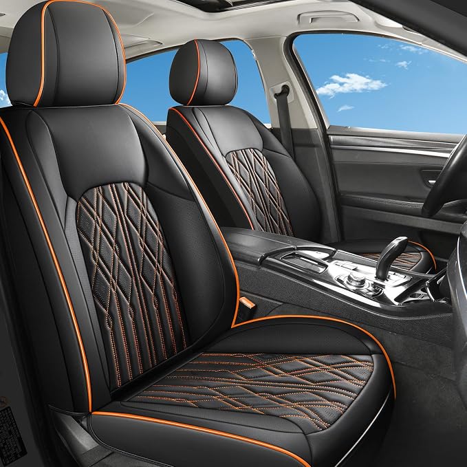 Huidasource Automotive Seat Covers, Leather Seat Cover Universal Fit for Most Cars Sedans SUVs Trucks, Airbag Compatible, Cup Holder Access, Easy Install, Wipes Clean, Wear-Resistant, Black&Orange