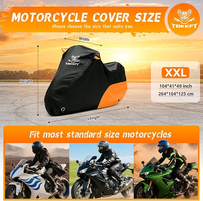 Motorcycle Cover Waterproof All Season Outdoor Protection, Fits up to 104 Inch, Compatible with Cruisers & Touring Models, with Locking Holes & Reflective Strips (Black&Orange)