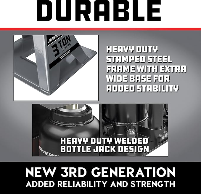 POWERBUILT 3 Ton All-in-One Hydraulic Bottle Jack and Jackstand in One, Compact, Wide Base, 11-21 Inch Range, Eliminates Jackstands, for Trucks, SUVs, RVs, Trailers, ASME, Not for Sedans - 640912
