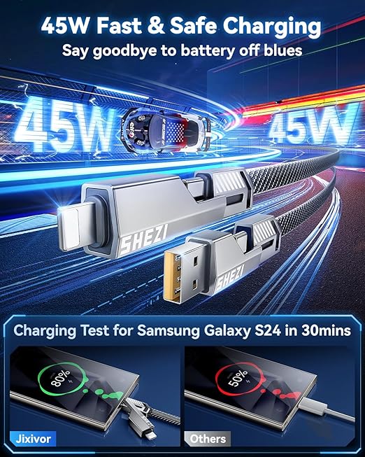 [One is Enough] 4-in-1 Compatible with USB C to Lightning Cable, 45W High-Speed Charging & Fast Data Transfer,CarPlay & Android Auto Support Multi Charger Cord Combo for iPhone/Samsung/iPad,5FT