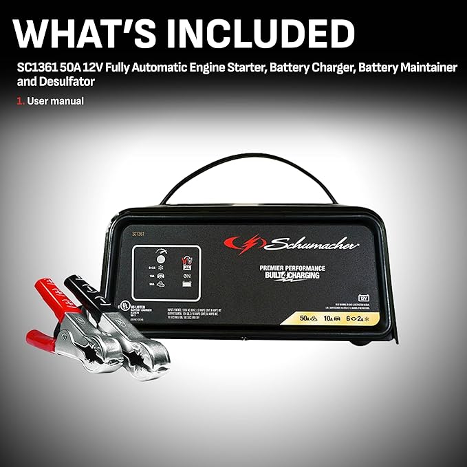 Schumacher Electric 6A Car Battery Charger and 50A Engine Starter,4-in-1 Solution,Maintainer,10A Boost,for 12V Power Sport,Automotive,and Marine Batteries,SC1361,(Pack of 2)