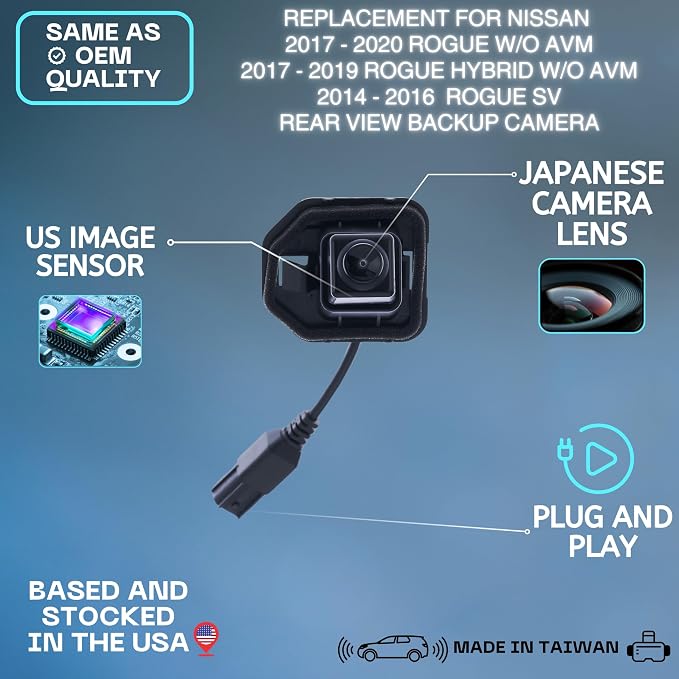 Backup Camera Replaces for 2017-2020 Nissan Rogue w/o AVM, 2017-2019 Rogue Hybrid w/o AVM, 2014-2016 Rogue SV OE Part # 28442-9TB0D, 28442-9TB0A, 28442-9TB0B, 28442-9TB0C, 28442-9TB1C
