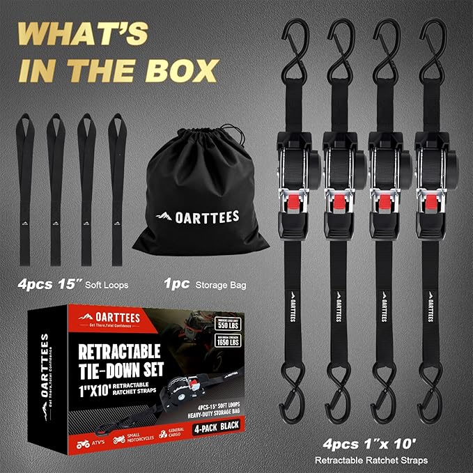 Retractable Ratchet Straps (4-Pack) - 1 Inch x 10 Feet (1,650lb Break Strength) - Heavy Duty Auto Self Retracting Tie Down Straps for Truck, Cargo Trailer, Motorcycle, ATV, UTV - Black