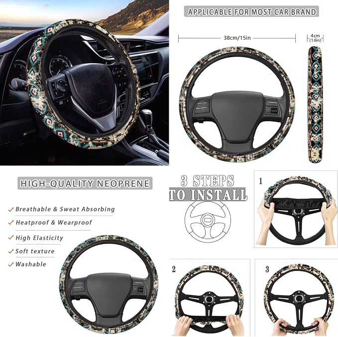 Howilath Western Aztec Cow Spot Car Front Seat Covers Set Auto Accessories with Center Console Cover+Steering Wheel Cover+Seatbelt Pads+Keychain+Coasters - 10 Packs