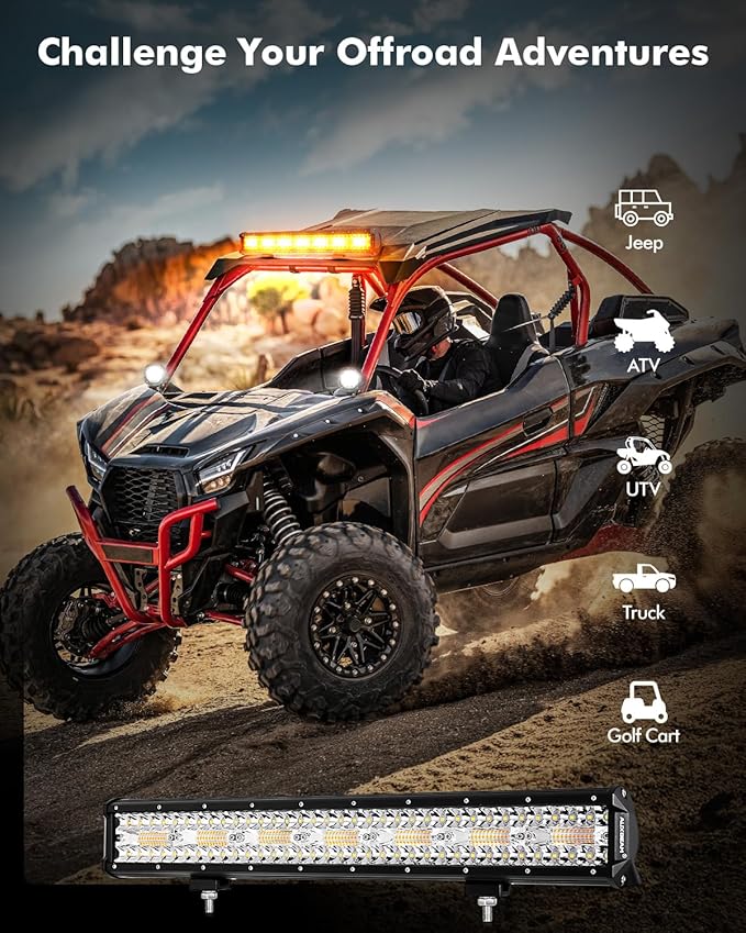 Auxbeam 6 Modes Amber White Series 20-Inch LED Light Bar for Jeep Truck ATV | 420W flashing strobe light, Spot flood combo offroad light, Warning emergency multi-function, dual color off-road lighting