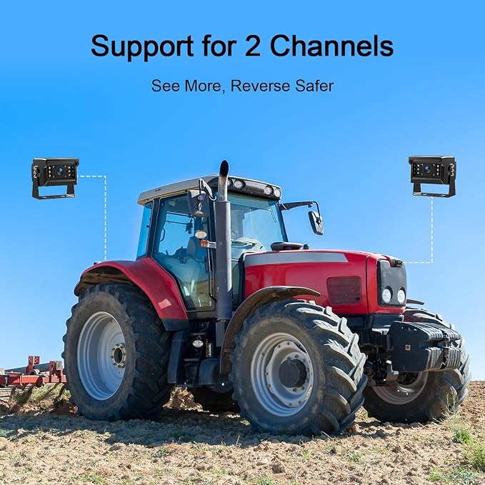 Fookoo 7" AHD 1080P Wired Backup Camera System Vibration-Proof for Tractor | Dual Split Screen Loop Recording IP69 Waterproof IR Night Vision Parking Lines for Excavator/Harvester/Agricultural Equipment