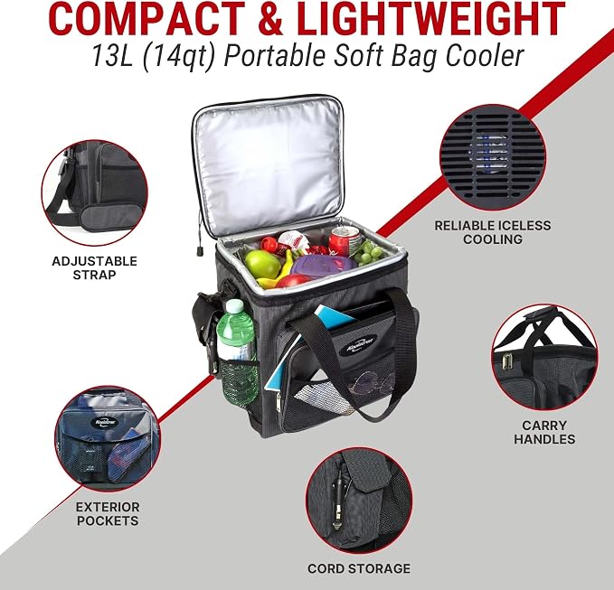 Koolatron Electric Portable Cooler Plug in 12V Car Cooler Bag, 14 qt (13 L) Black/Gray Soft-Sided No Ice Thermo Electric Portable Fridge for Camping, Adjustable Shoulder StrapTravel Road Trips.