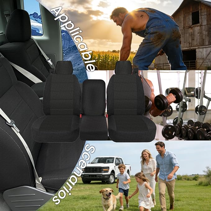 Front 40/20/40 Split Bench Seat Covers Compatible with Ford F150 XL Standard Cab 2004-2008 Sandwich Mesh Sponge Fabric Seat Protector with Integrated Seatbelts & Solid Armrest - Black