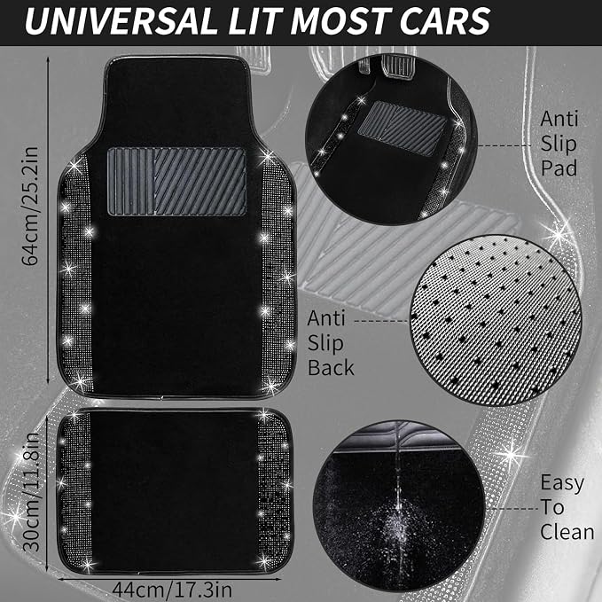 NBTEPEM 12 Pcs Bling Car Accessories Set for Women Car Floor Mats Full Set Steering Wheel Cover Seat Belt Covers Coasters Universal Fit Car SUV Truck Van Black