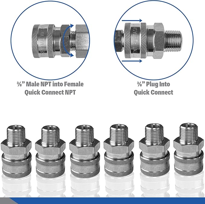 Essential Washer Stainless Steel ⅜” Quick Connect Male NPT | Pressure Washer Quick Connect Fittings | 5000 PSI | Set Of 6
