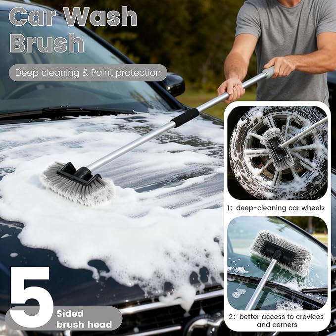 Car Wash Brush with Long Handle, 60'' Soft Bristle Cleaning Brush, Car Cleaning Brushes, Carwash Brushes for SUV, RV, Boat, Truck, House Siding, Sweep Snow, Gray