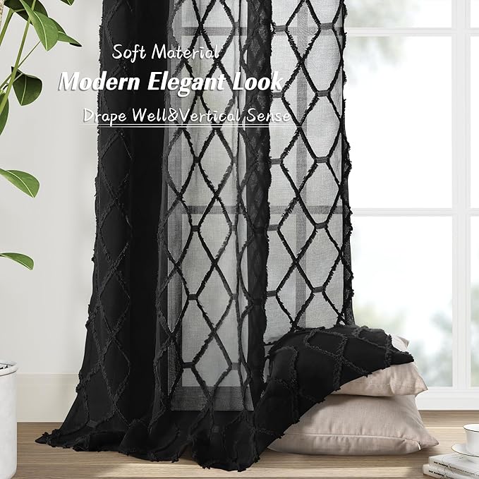 Black Sheer Curtains 84 Inches Long for Living Room Rod Pocket Back Tab Elegant Semi Sheer Curtain Geometric Embroidered Pom Textured Drapes Light Filtering Farmhouse Rustic Bedroom Nursery 52x84