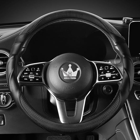 HighnessHwoo 3D Car Steering Wheel Cover Comfort Grip Massage Sporty Anti-Slip Carbon Fiber Faux Leather for Sedan SUV, Universal Fit, Car Handle Covers for All Seasons, 14.75-15.15in, Black
