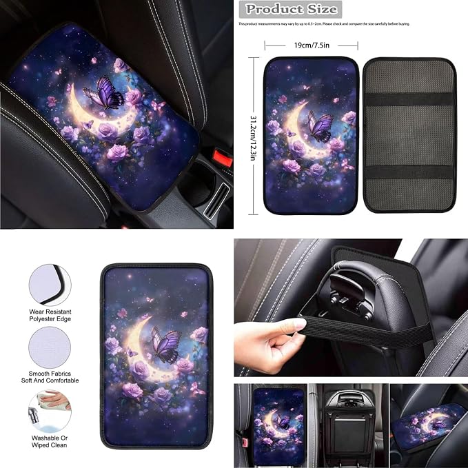 8 Pcs Purple Butterfly Rose Car Interior Accessories Set for Women, Car Seat Covers, Auto Steering Wheel Cover, Auto Center Console Pad, Seat Belt Covers