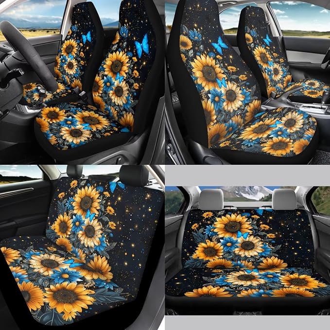 Sunflower Butterfly Car Seat Covers Set of 12 Steering Wheel Cover Car Seat Belt Pad Cover Center Console Cover Fashion Auto Interior Universal Fit Most Vehicles Cars SUV