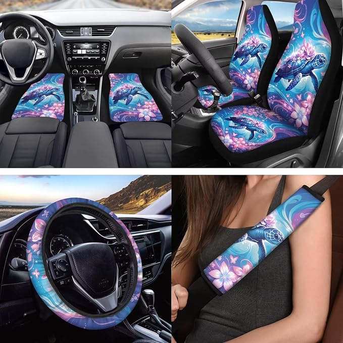 18 Pcs Pink Turtle Car Interior Accessories for Women, Car Seat Covers Full Set with Steering Wheel Cover Floor Mats Seat Belt Pads Armrest Pad Roof Handle Wraps Cup Coasters Keychains