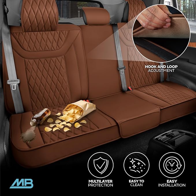 MotorBox Creekstone Series – PU Leather Car Seat Covers Full Set, Cross-Stitch Edition Leather Seat Covers, Diamond Stitched PU Leatherette Brown Seat Covers for Cars Trucks SUVs