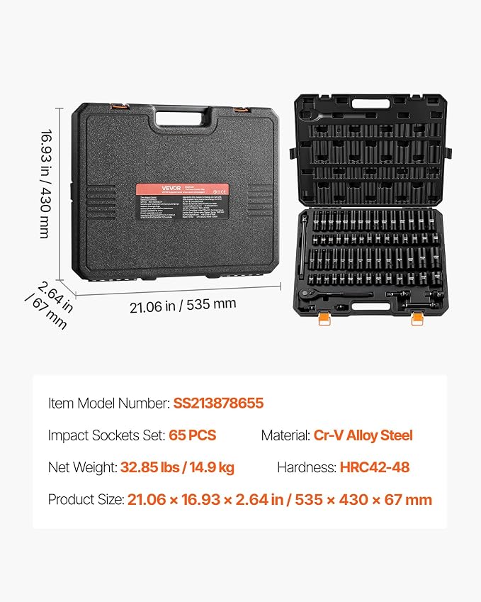 VEVOR Impact Socket Set, 1/2" Drive, 65-Piece Socket Set, 6 Point Sockets, SAE 3/8" to 1-1/4" and Metric 10-24 mm, Easy to Identify, with a Sturdy Storage Case, Cr-V Alloy Steel for Vehicles Repair