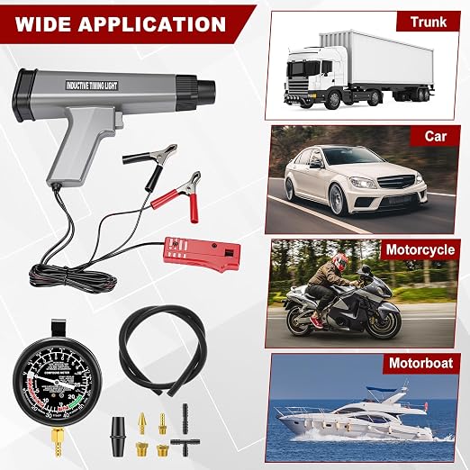 Sabary 12V Digital Timing Light with Tachometer & Advance Angle Inductive Ignition Timing Light Gun Vacuum and Fuel Pump Tester Gauge Leak Pressure Diagnostics Gauge for Car, Motorcycle, Marine