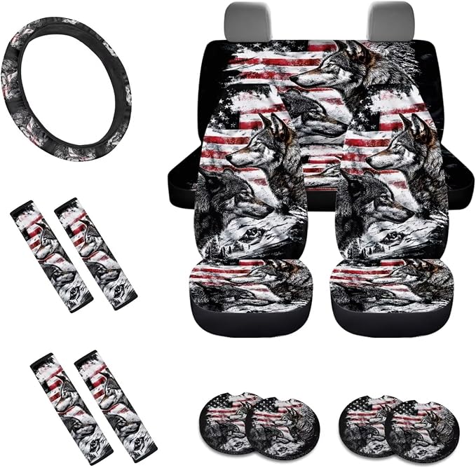 Wolf American Flag Pattern 13 Pieces Car Accessories, Auto Front and Back Seat Covers Full Set, Comfortable Steering Wheel Cover, Seat Belt Protector, Coasters for Car Auto