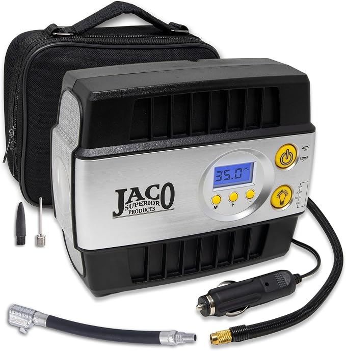 JACO Superior Products SmartPro 12V Tire Inflator Air Compressor (Max 100 PSI) with Lightning S2X Locking Hose Extension Nozzle (Bundle)