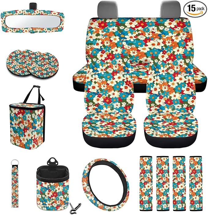 Colorful Hippie Daisy Print 15Pcs Car Seat Cover Full Set Car Steering Wheel Cover Seat Belt Cover Trash Bin Air Vent Storage Box Front Rear View Mirror Car Cup Holder Keychain