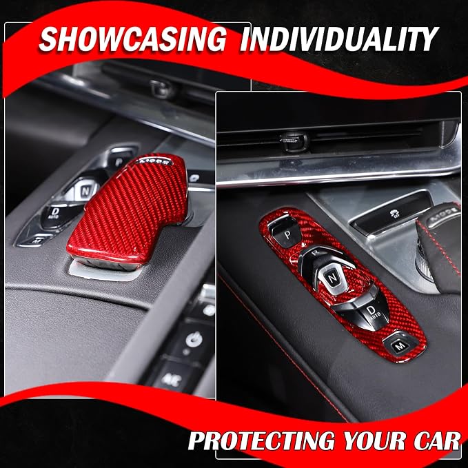 Set of 2 Genuine Carbon Fiber Gear Shift Panel Cover Trim for Corvette C8 2020-2025 Gear Shift Knob Head Protection&Console Gear Shift Button Panel P D Auto M Button Frame Accessories (Red)