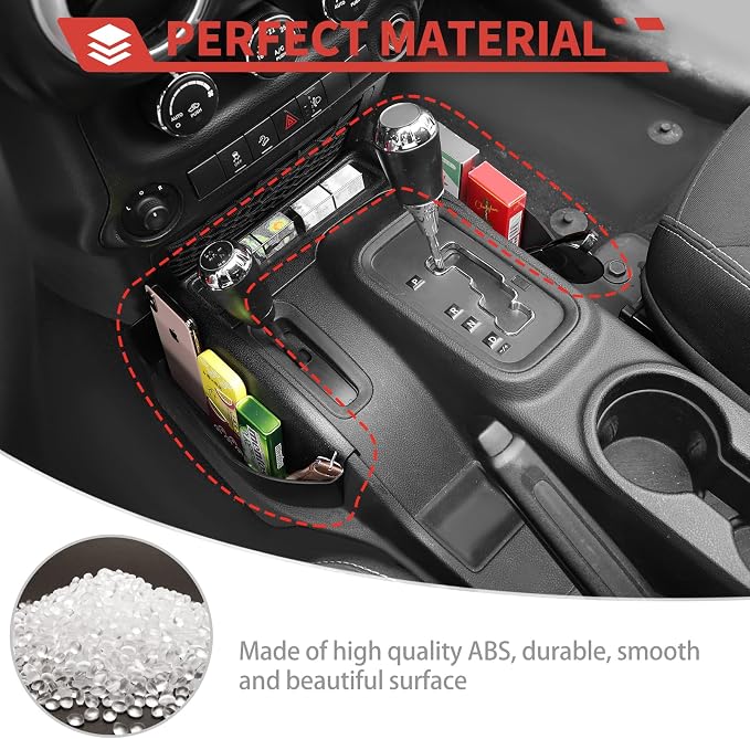5PCS Interior Storage Fit for 2011-2018 Jeep Wrangler JK/JKU – Console Organizer, Passenger Side Grab Handle Box, Gear Tray, Front Door Net Pocket & Armrest Box Outer Storage