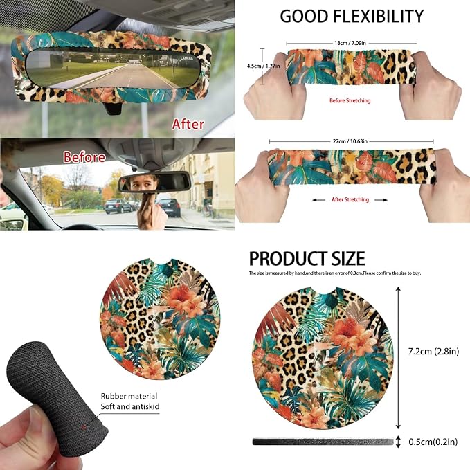 Tropical Floral Auto Interior Accessories Leopard Car Seat Covers with Auto Steering Wheel Cover Seat Belt Covers Car Trash Can View Mirror Cover Coaster Keychains