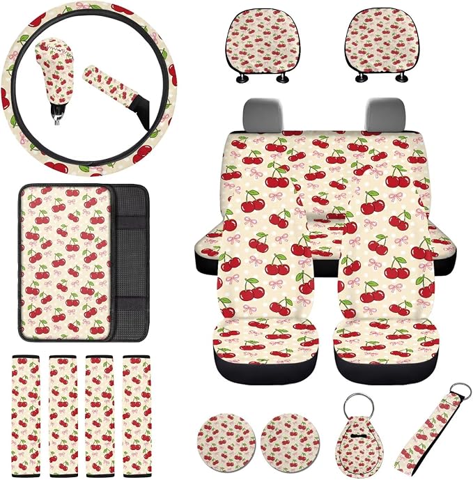 Cherry Print Car Seat Covers Front and Back Full Set with Headrest Covers Steering Wheel Cover Safety Belt Pads Armrest Cushion Cup Coasters for SUV Truck Sedan, Easy to Install