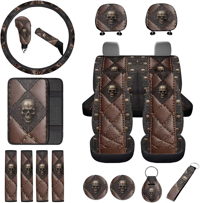 Skull Print Front Back Car Seat Cover with Steering Wheel Cover Headrest Covers Safety Belt Pad Center Console Pad Gear Lever and Hand Brake Covers Cup Cushions Key Chain
