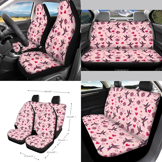 Hummingbird Rose Heart Pattern Car Seat Covers for Women with Steering Wheel Cover and Seat Belt Pads, Trash Bin, Mirror Cover, Cup Coasters, Keychain, Pack of 15