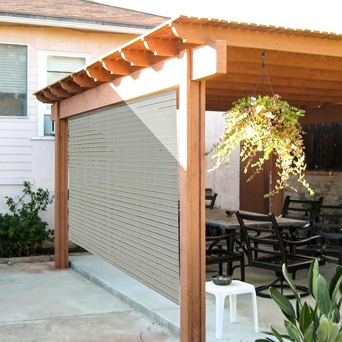 E&K Sunrise 7'W x 13'H Roll Up Shade Outdoor Hollow Out Roller Shade Blind Sun Shade for Patio Porch Backyard Gazebo Deck Pergola (Light Gray)