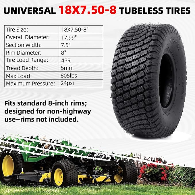 AR-PRO (2-Pack) 18x7.50-8 Tires, Replacement 4PR Durable Tubeless Tires for Lawn Mowers, Garden Tractors and Golf Carts, Rim Not Included