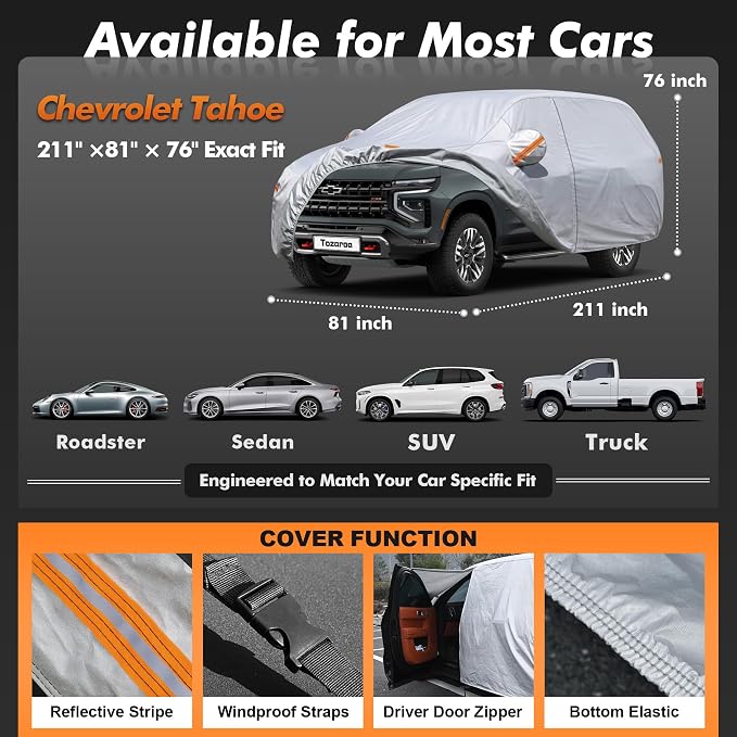 Car Cover Waterproof All-Weather,Heavy-Duty Outdoor Full Exterior Automobiles SUV(Length 202-214 inch) with Windshield Sun Shade Universal Fit Chevrolet Tahoe, Lincoln MKT, GMC Envoy etc