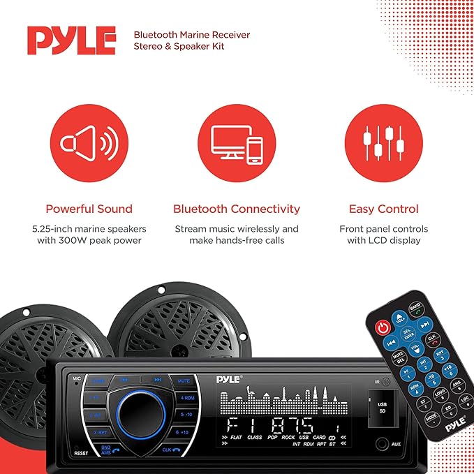 Pyle Marine Headunit Receiver Speaker Kit - In-Dash LCD Digital Stereo Built-in Bluetooth & Microphone w/ AM FM Radio System 5.25’’ Waterproof Speakers (2) MP3/SD Readers & Remote Control-PLMRKT46BK